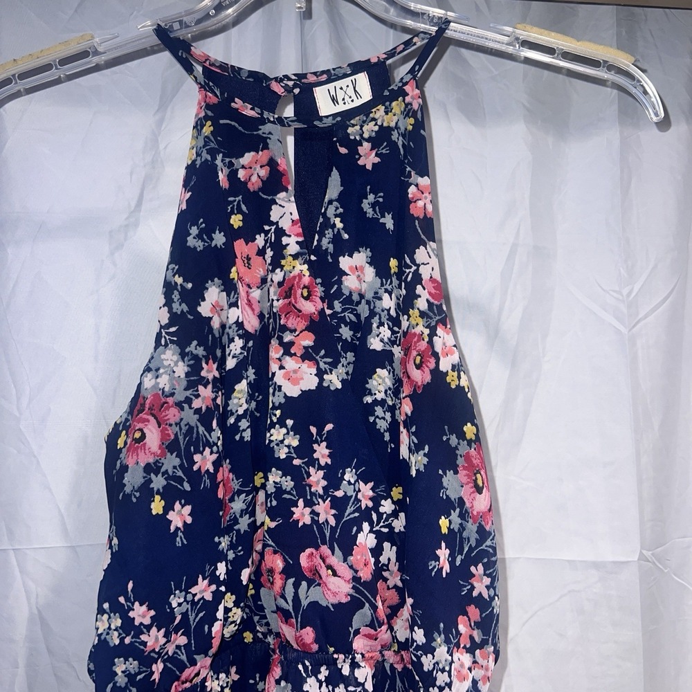 WxK Navy Floral Maxi Dress Sheer Overlay, High Neck, Short Lined Skirt Large